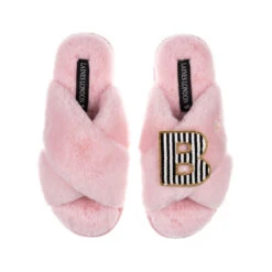 Classic Laines Slippers With Black & White Stripe Initial Brooch -Laines London file 635
