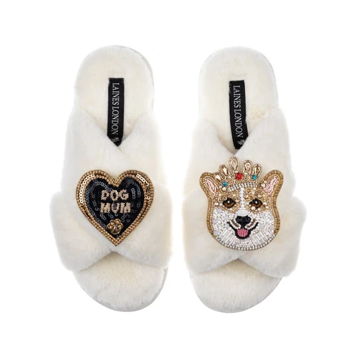 Classic Laines Slippers With Sandy The Corgi & Dog Mum Brooches 1 Classic Laines Slippers With Sandy The Corgi & Dog Mum Brooches