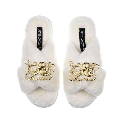 Classic Laines Slippers With Gold Metal Octopus Brooches 1 Classic Laines Slippers With Gold Metal Octopus Brooches