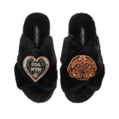 Classic Laines Slippers With Rocco The Chocolate Lab & Dog Mum Brooches -Laines London file 651