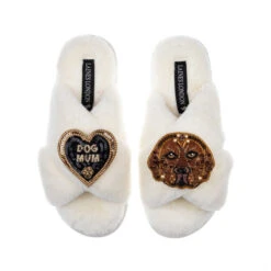Classic Laines Slippers With Rocco The Chocolate Lab & Dog Mum Brooches -Laines London file 653