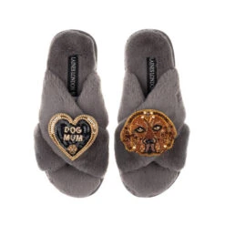 Classic Laines Slippers With Rocco The Chocolate Lab & Dog Mum Brooches -Laines London file 654