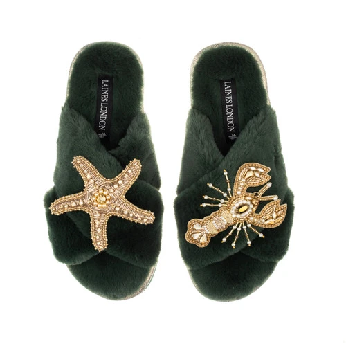 Classic Laines Slippers With Gold Lobster & Starfish Brooches 1 Classic Laines Slippers With Gold Lobster & Starfish Brooches
