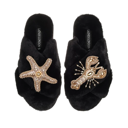 Classic Laines Slippers With Gold Lobster & Starfish Brooches 2 Classic Laines Slippers With Gold Lobster & Starfish Brooches - Image 2