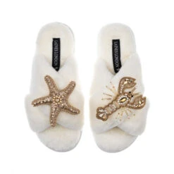 Classic Laines Slippers With Gold Lobster & Starfish Brooches 9 Classic Laines Slippers With Gold Lobster & Starfish Brooches -Laines London file 663