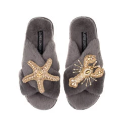 Classic Laines Slippers With Gold Lobster & Starfish Brooches 10 Classic Laines Slippers With Gold Lobster & Starfish Brooches -Laines London file 664