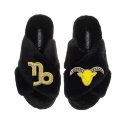 Classic Laines Slippers With Capricorn Star Sign Brooches -Laines London file 682