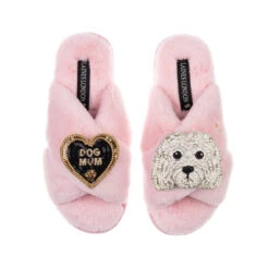 Laines London 37 Classic Laines Slippers With Queenie The Bichon & Dog Mum Brooches