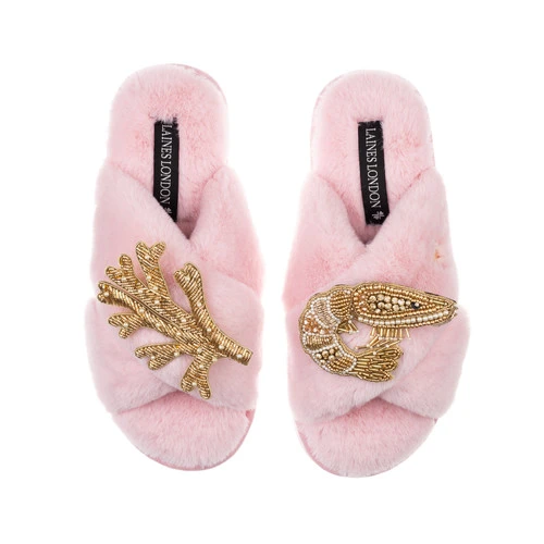 Classic Laines Slippers With Gold Prawn & Coral Brooches 1 Classic Laines Slippers With Gold Prawn & Coral Brooches