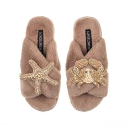Classic Laines Slippers With Gold Crab & Starfish Brooches