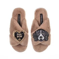 Classic Laines Slippers With Bentley The Black & White Spaniel & Dog Mum Brooch