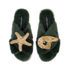 Classic Laines Slippers With Gold Prawn & Starfish Brooches