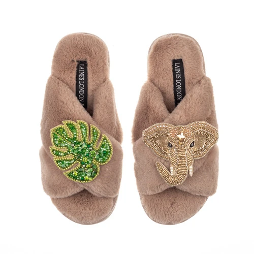 Classic Laines Slippers With Palm Leaf & Gold Elephant Brooches 1 Classic Laines Slippers With Palm Leaf & Gold Elephant Brooches