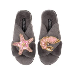 Classic Laines Slippers With Pink & Gold Prawn & Starfish Brooches