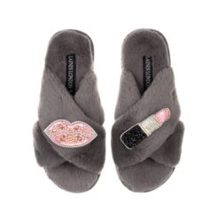 Classic Laines Slippers With Pink & Silver Pucker Up Brooches