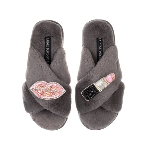 Classic Laines Slippers With Pink & Silver Pucker Up Brooches 1 Classic Laines Slippers With Pink & Silver Pucker Up Brooches