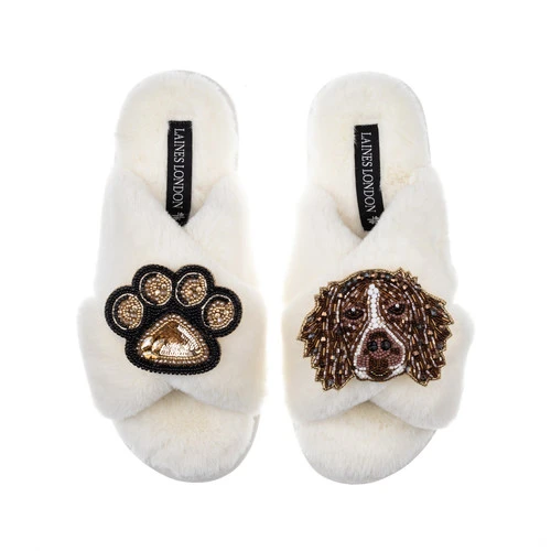 Classic Laines Slippers With Duke The Brown & White Spaniel & Paw Brooches 1 Classic Laines Slippers With Duke The Brown & White Spaniel & Paw Brooches