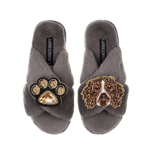 Classic Laines Slippers With Duke The Brown & White Spaniel & Paw Brooches 2 Classic Laines Slippers With Duke The Brown & White Spaniel & Paw Brooches - Image 2