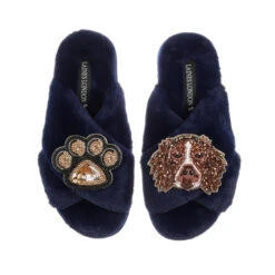 Classic Laines Slippers With Duke The Brown & White Spaniel & Paw Brooches 13 Classic Laines Slippers With Duke The Brown & White Spaniel & Paw Brooches -Laines London file 815