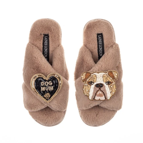 Classic Laines Slippers With Mr Beefy The Bulldog & Dog Mum Brooches 1 Classic Laines Slippers With Mr Beefy The Bulldog & Dog Mum Brooches