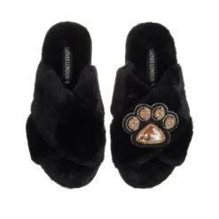 Classic Laines Slippers With Paw Print Brooch