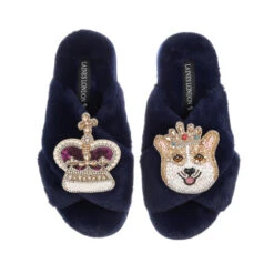 Classic Laines Slippers With Corgi & Crown Brooches