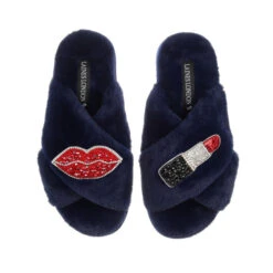 Classic Laines Slippers With Red & Silver Pucker Up Brooches