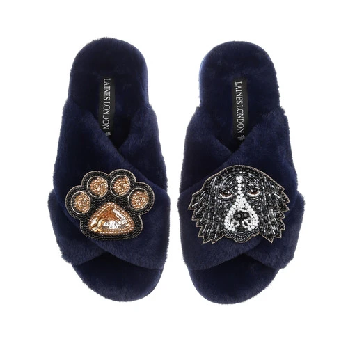 Classic Laines Slippers With Bentley The Black & White Spaniel & Paw Brooches 1 Classic Laines Slippers With Bentley The Black & White Spaniel & Paw Brooches