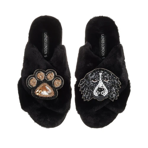 Classic Laines Slippers With Bentley The Black & White Spaniel & Paw Brooches 2 Classic Laines Slippers With Bentley The Black & White Spaniel & Paw Brooches - Image 2