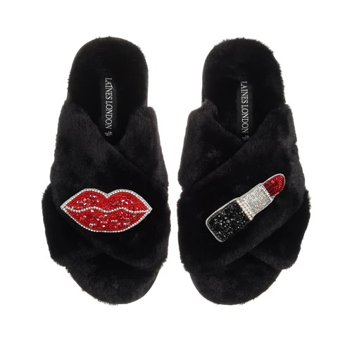 Classic Laines Slippers With Red & Silver Pucker Up Brooches 2 Classic Laines Slippers With Red & Silver Pucker Up Brooches - Image 2
