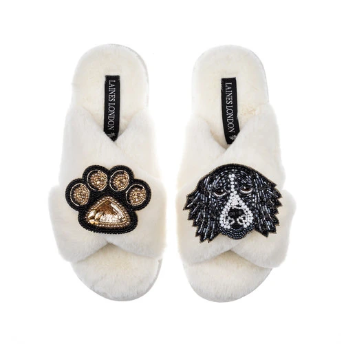 Classic Laines Slippers With Bentley The Black & White Spaniel & Paw Brooches 3 Classic Laines Slippers With Bentley The Black & White Spaniel & Paw Brooches - Image 3