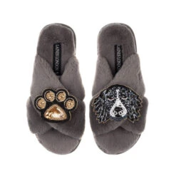 Classic Laines Slippers With Bentley The Black & White Spaniel & Paw Brooches 11 Classic Laines Slippers With Bentley The Black & White Spaniel & Paw Brooches -Laines London file 932