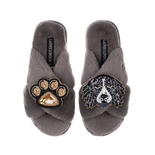 Classic Laines Slippers With Bentley The Black & White Spaniel & Paw Brooches 5 Classic Laines Slippers With Bentley The Black & White Spaniel & Paw Brooches - Image 5