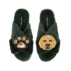 Classic Laines Slippers With Skip The Golden Lab & Paw Brooches