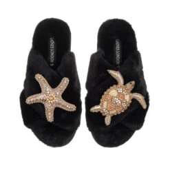 Classic Laines Slippers With Gold Turtle & Starfish Brooches