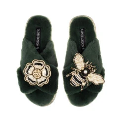 Classic Laines Slippers With Bee & Flower Brooches